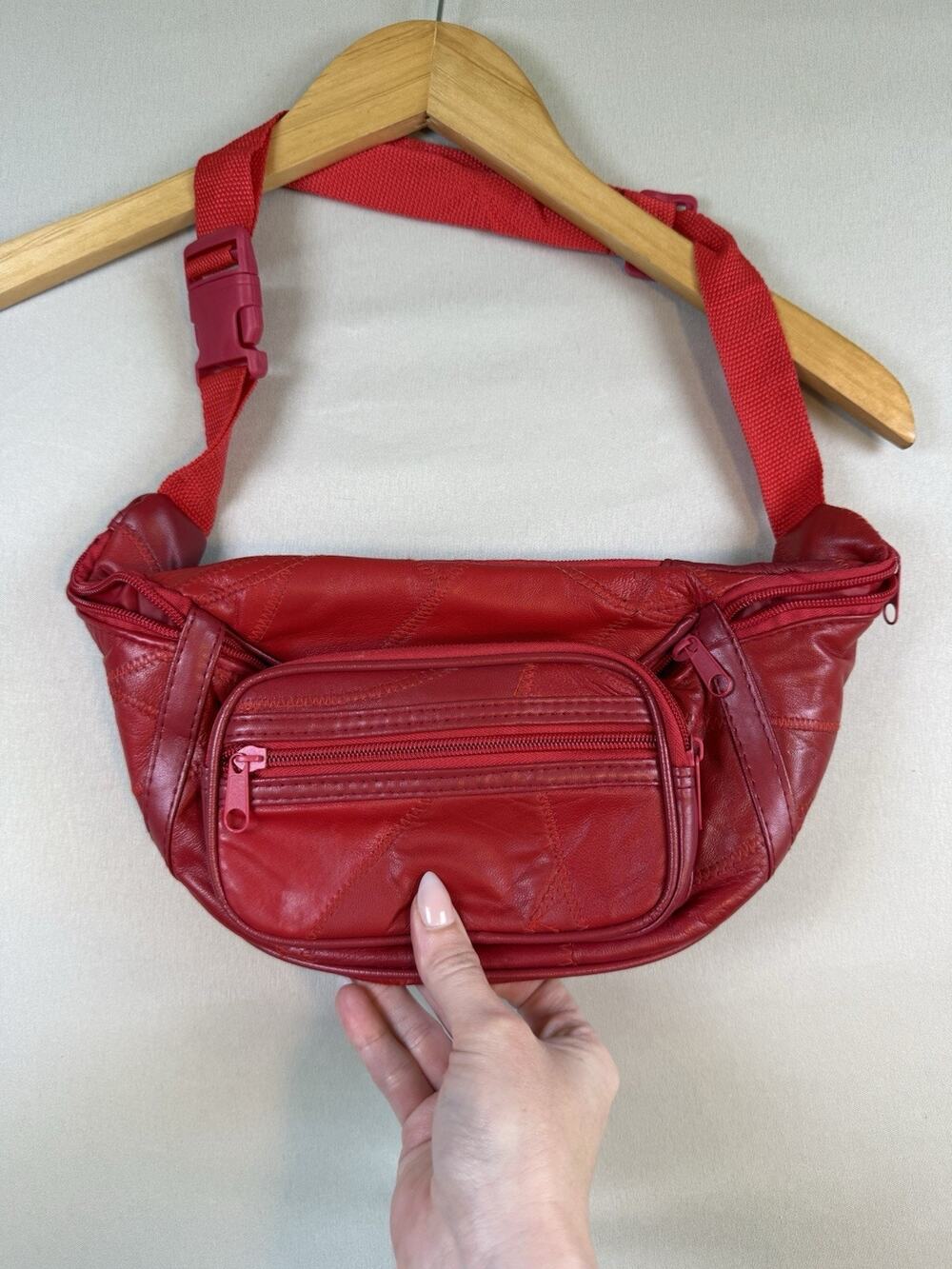 Vintage Genuine Leather Red Patchwork Fanny Pack Belt Bag Waist Pack Y2K